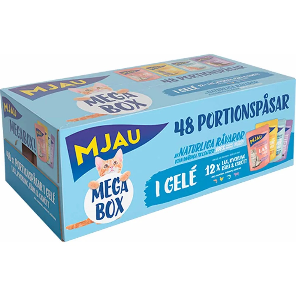Mjau Megabox laks-kylling-reker-oksekjøtt pouches Mjau Megabox laks-kylling-reker-oksekjøtt pouches