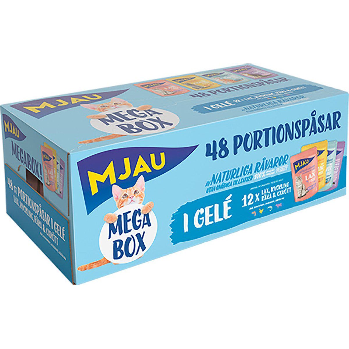 Mjau Megabox laks-kylling-reker-oksekjøtt pouches Mjau Megabox laks-kylling-reker-oksekjøtt pouches